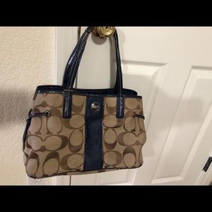 Coach handbag tan and navy fabric